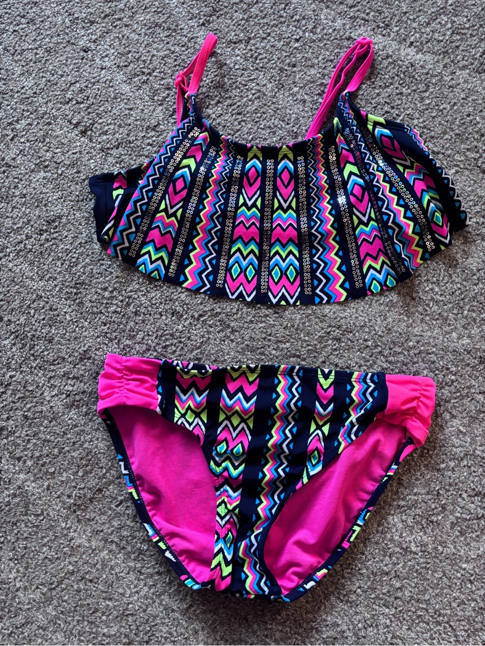 Neon Pink Aztec-Print Set, Multi Color Zig-Zag Print Set, Tie-Dye Blue Swim Set